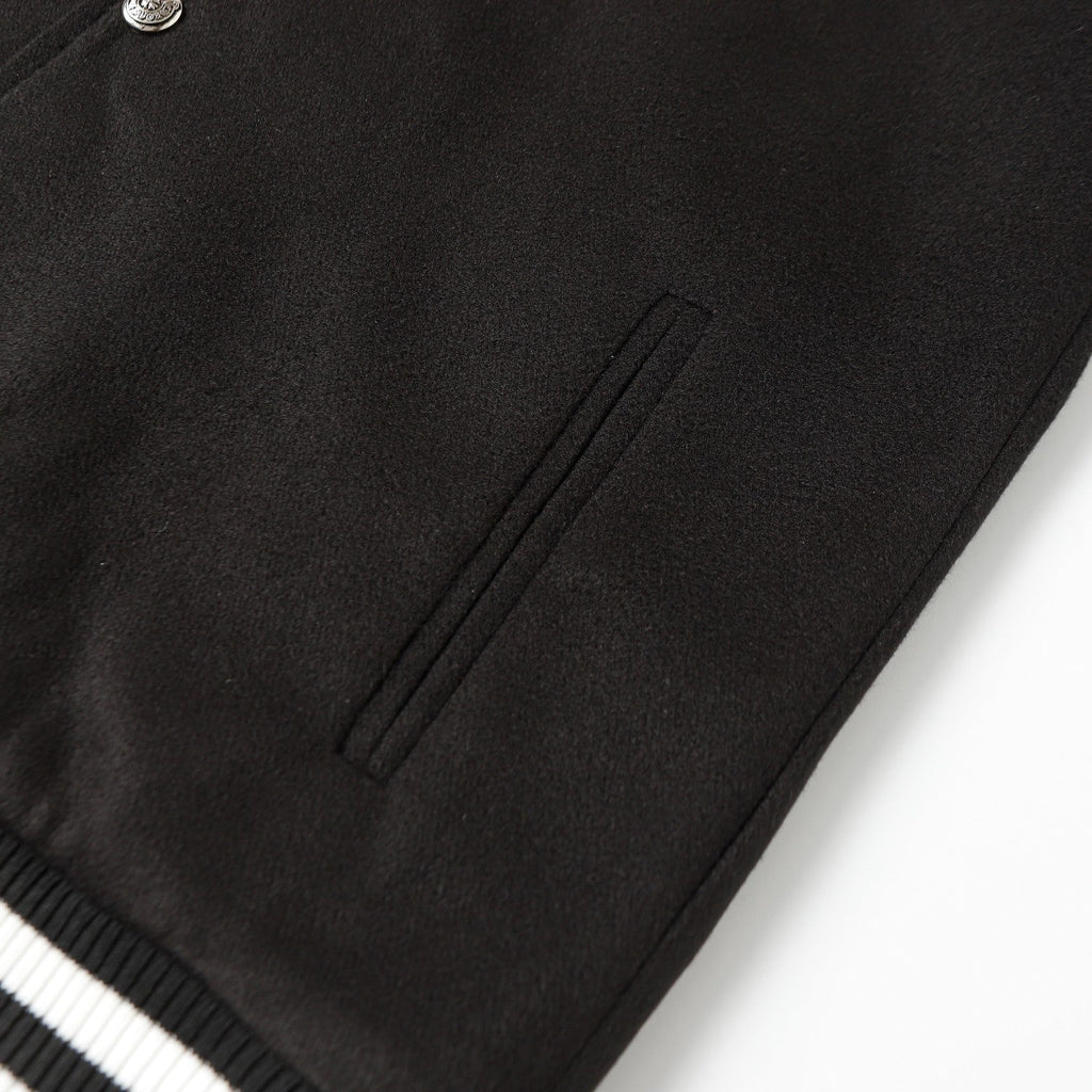 Cross Embroidered Leather Sleeve Varsity Jacket - Black Street Style 116